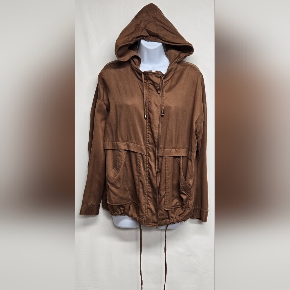 Forever 21 M Hooded Utility Jacket Hidden Zipper & Snaps Woven Tencil
